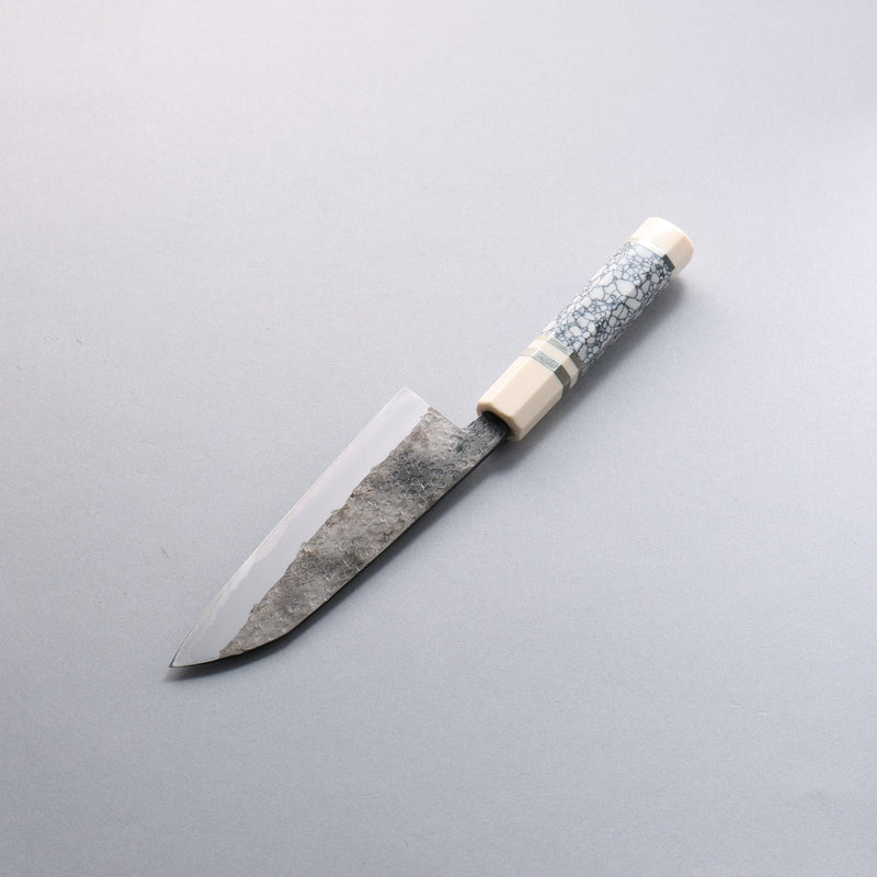 Daisuke Nishida White Steel No.1 Hammered Santoku  165mm White turquoise with Silver Rings and Imitation Ivory Ferrule and End Cap Handle - Japannywholesale