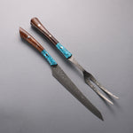 Yuma Oba VG10 Damascus Carving Knife & Fork Set  200mm Ironwood & turquoise Handle - Japannywholesale