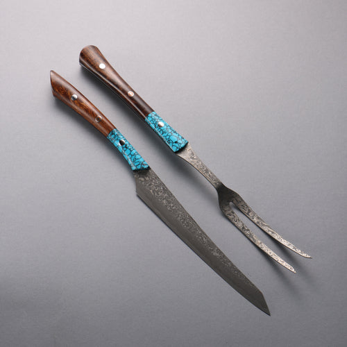 Yuma Oba VG10 Damascus Carving Knife & Fork Set  200mm Ironwood & turquoise Handle - Japannywholesale