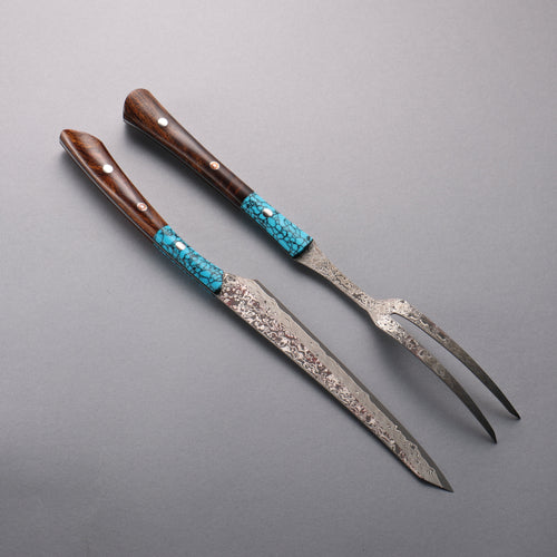 Yuma Oba VG10 Damascus Carving Knife & Fork Set  200mm Ironwood & turquoise Handle - Japannywholesale