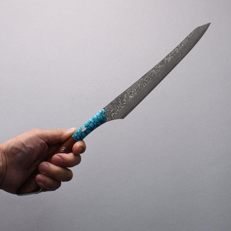 Yuma Oba VG10 Damascus Carving Knife & Fork Set  200mm Ironwood & turquoise Handle - Japannywholesale