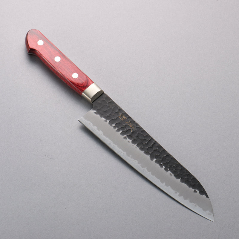 Seisuke Blue Super Hammered Black Finished Santoku  180mm Red Pakka wood Handle - Japannywholesale