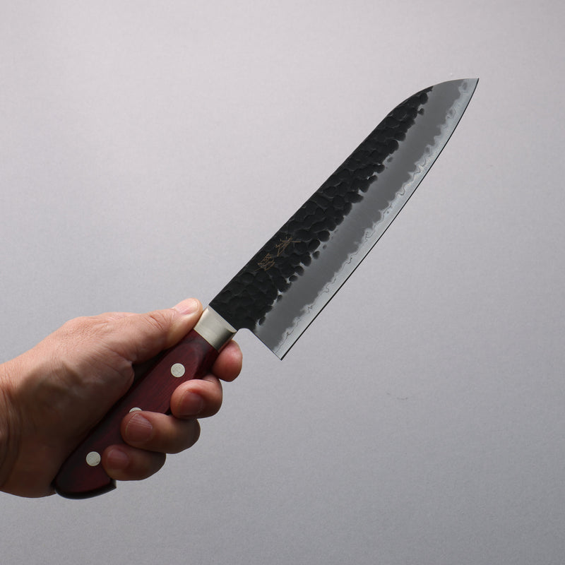 Seisuke Blue Super Hammered Black Finished Santoku  180mm Red Pakka wood Handle - Japannywholesale