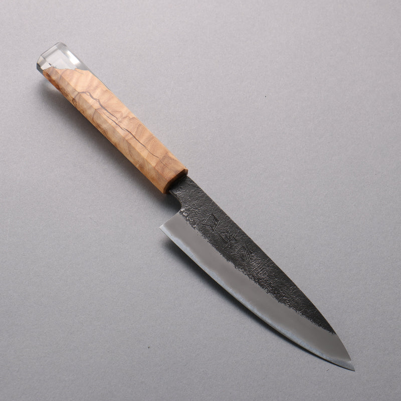 Tomoe Hozan White Steel No.2 Black Finished Petty-Utility  135mm Olive Tree and Black Resin Handle - Japannywholesale