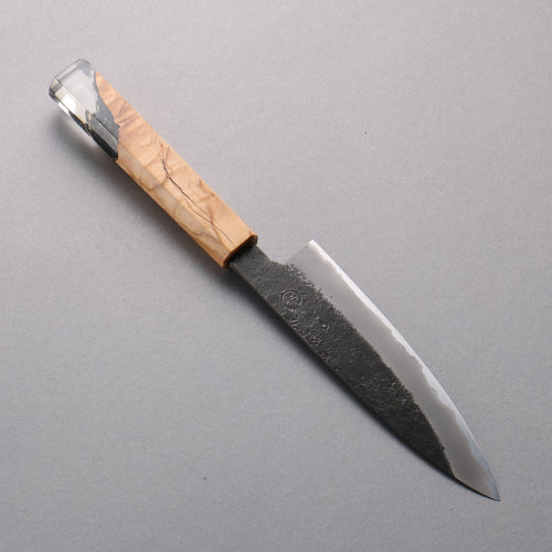 Tomoe Hozan White Steel No.2 Black Finished Petty-Utility  135mm Olive Tree and Black Resin Handle - Japannywholesale