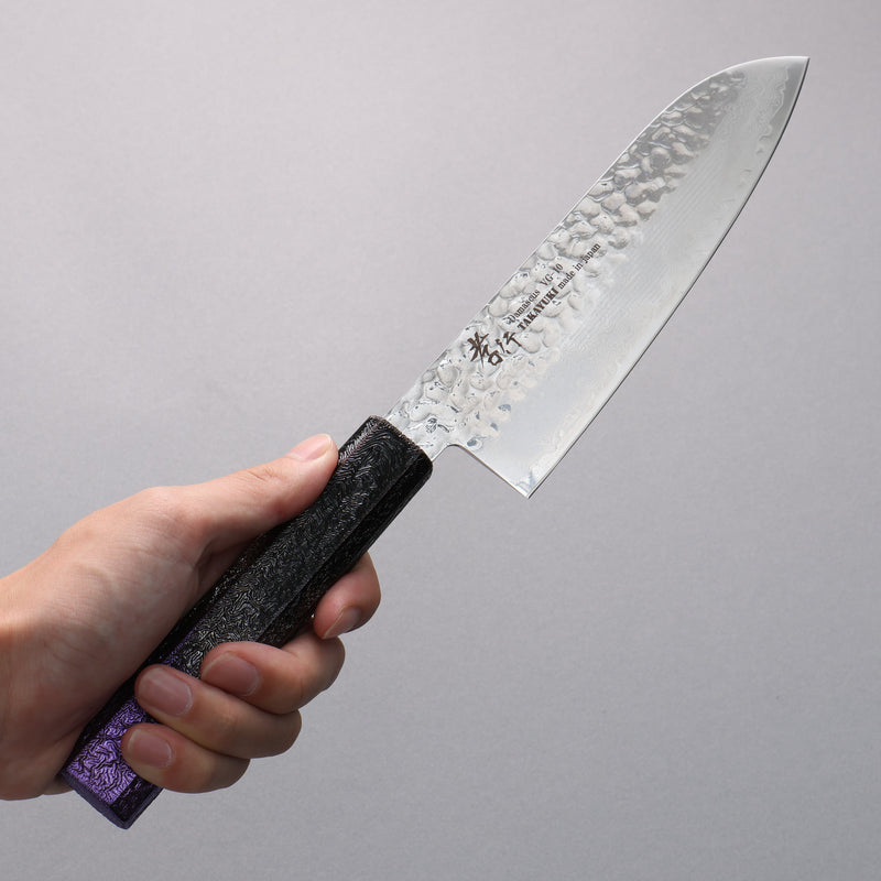 Sakai Takayuki Rinnou VG10 33 Layer Damascus Santoku Japanese Knife 170mm Purple Lacquered  Handle - Japannywholesale