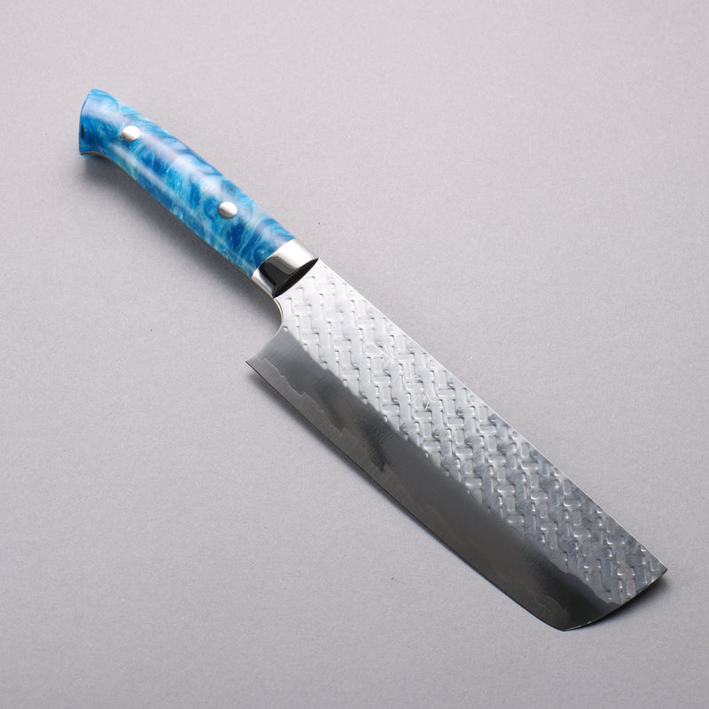 Takeshi Saji SPG STRIX Hammered Migaki Finished Nakiri  165mm Blue and White Acrylic Handle - Japannywholesale