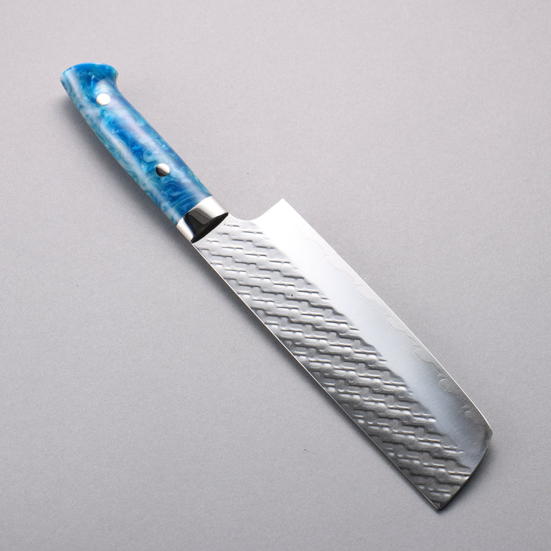 Takeshi Saji SPG STRIX Hammered Migaki Finished Nakiri  165mm Blue and White Acrylic Handle - Japannywholesale