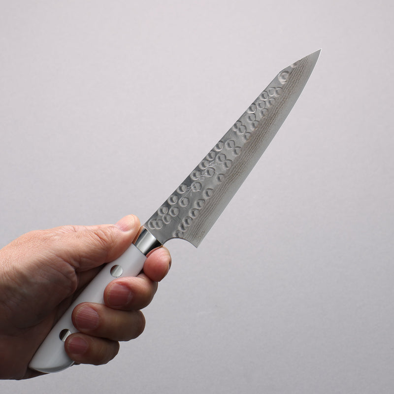 Takeshi Saji SRS13 Damascus Hammered(Maru) Kiritsuke Petty-Utility  130mm White Corian Handle - Japannywholesale