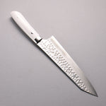 Takeshi Saji SRS13 Damascus Hammered(Maru) Kiritsuke Gyuto  210mm White Corian Handle - Japannywholesale