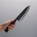 Isamitsu Abe Blue Super Hammered Black Finished Gyuto 210mm Purple Bombay Black Wood (Pentagonal) Handle - Japannywholesale