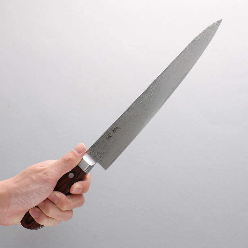 Seisuke Mokusei ZA-18 Mirrored Finish Damascus Sujihiki 240mm Brown Pakka wood Handle - Japannywholesale