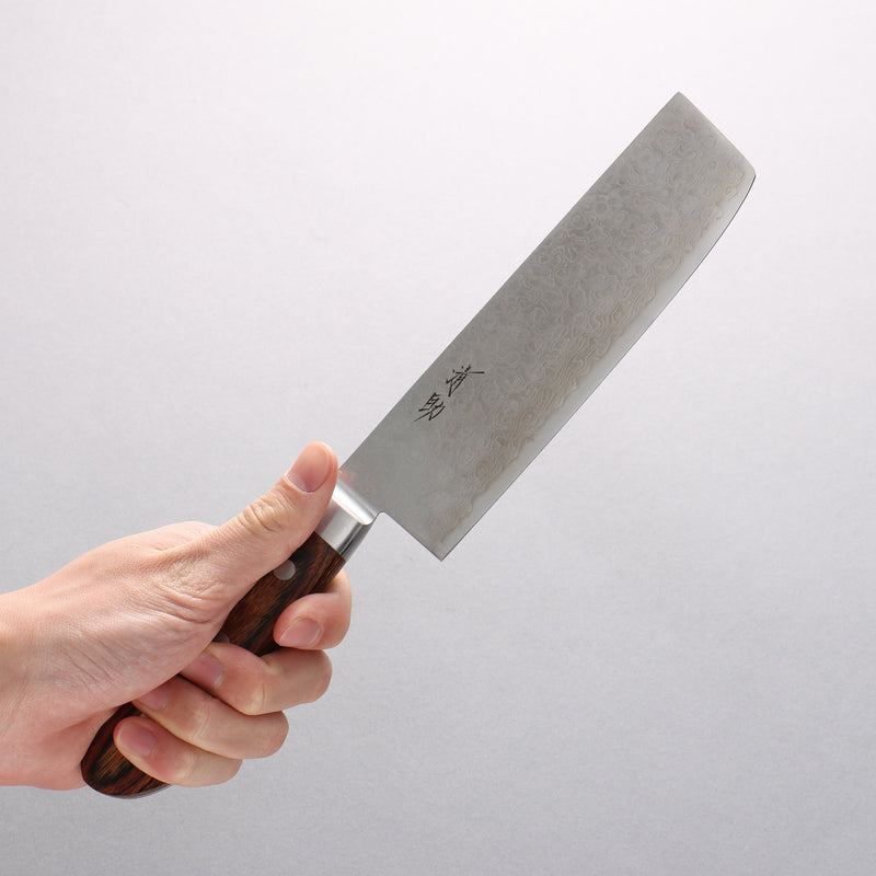 Seisuke Mokusei ZA-18 Mirrored Finish Damascus Nakiri 165mm Brown Pakka wood Handle - Japannywholesale