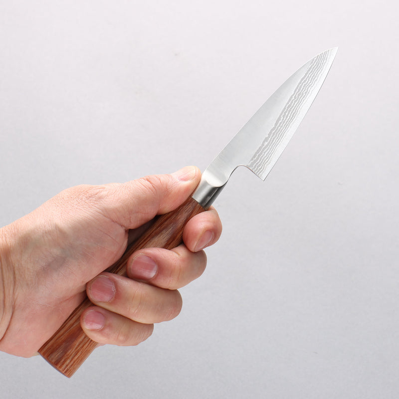 Kamo Hamono VG10 Damascus Petty-Utility 80mm Brown Pakka wood Handle - Japannywholesale