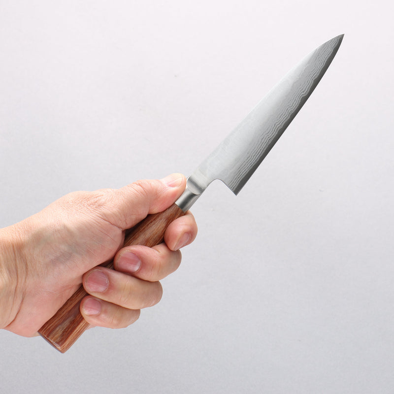 Kamo Hamono VG10 Damascus Petty-Utility 120mm Brown Pakka wood Handle - Japannywholesale