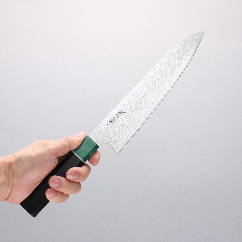 Seisuke AUS10 Mirror Crossed Gyuto 210mm Black Pakka wood(ferrule: Green Pakka wood) Handle - Japannywholesale