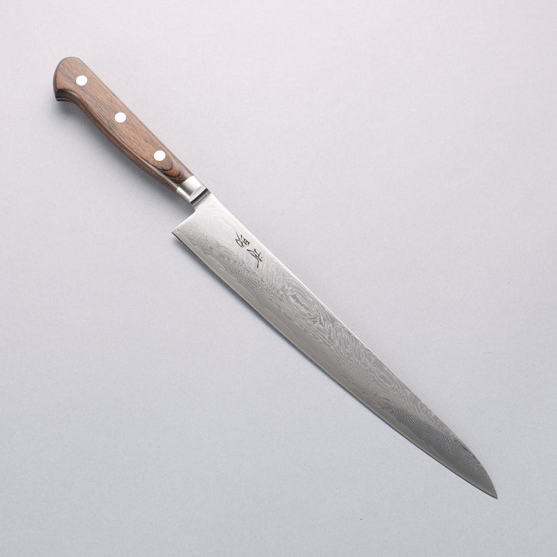 Seisuke Nami AUS10 Mirrored Finish Damascus Sujihiki 240mm Brown Pakka wood Handle - Japannywholesale
