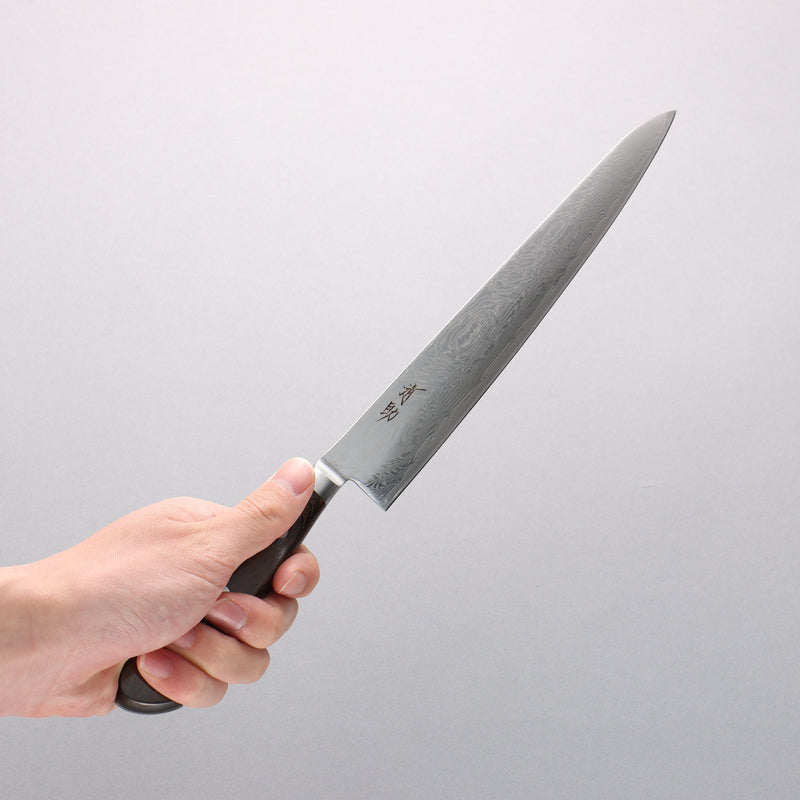 Seisuke Nami AUS10 Mirrored Finish Damascus Sujihiki 240mm Brown Pakka wood Handle - Japannywholesale