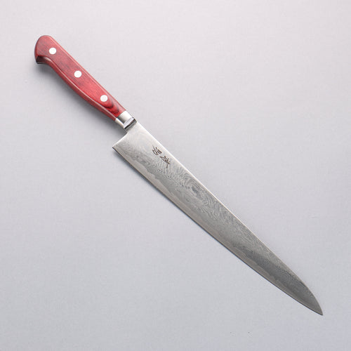 Seisuke Nami AUS10 Mirrored Finish Damascus Sujihiki 240mm Red Pakka wood Handle - Japannywholesale