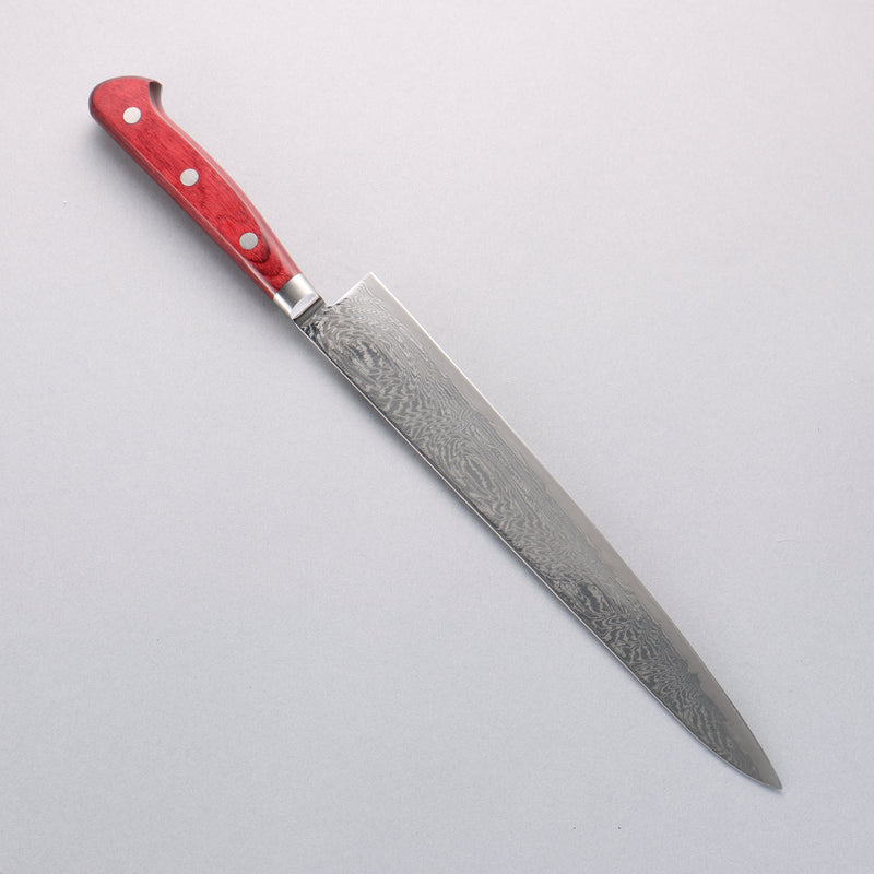 Seisuke Nami AUS10 Mirrored Finish Damascus Sujihiki 240mm Red Pakka wood Handle - Japannywholesale
