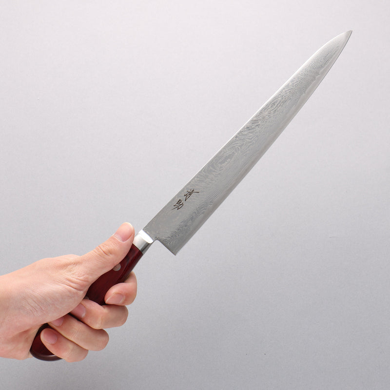 Seisuke Nami AUS10 Mirrored Finish Damascus Sujihiki 240mm Red Pakka wood Handle - Japannywholesale