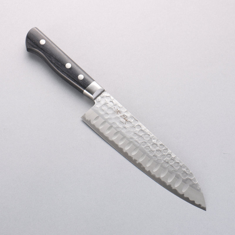 Seisuke Blue Steel Hammered Ribbed Santoku 180mm Black Pakka wood Handle - Japannywholesale