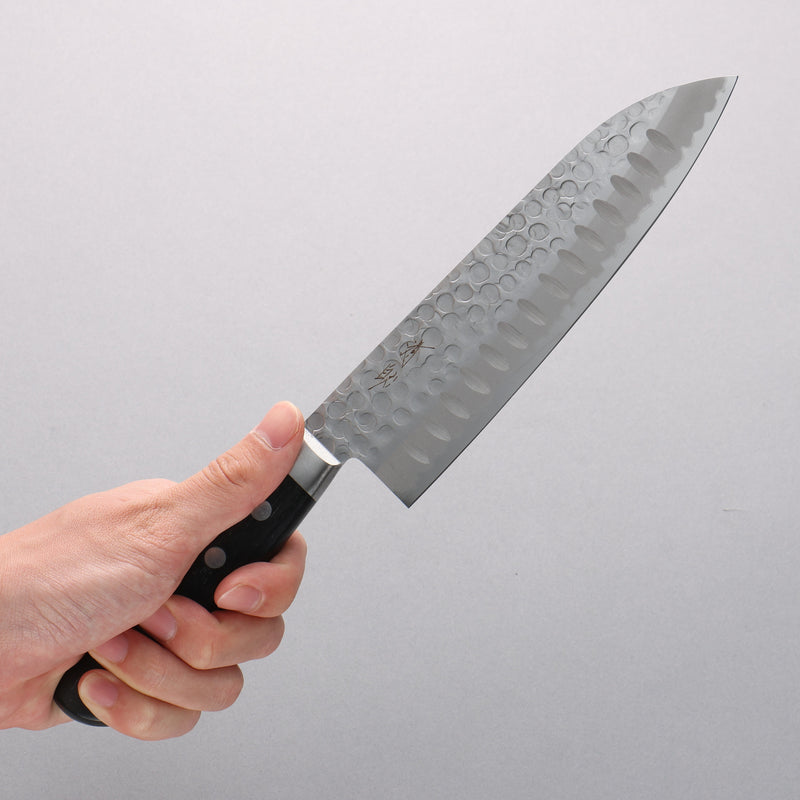 Seisuke Blue Steel Hammered Ribbed Santoku 180mm Black Pakka wood Handle - Japannywholesale