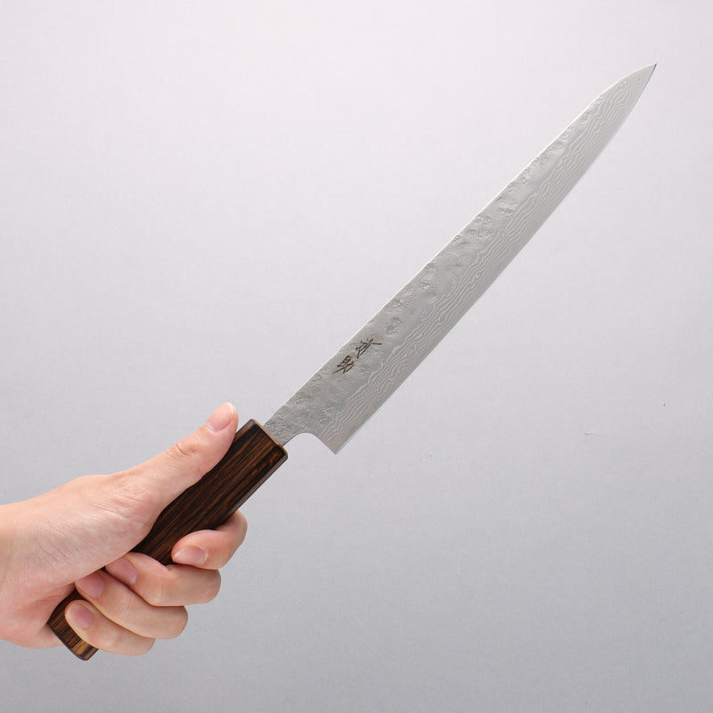Seisuke Stainless Steel 440C Hammered Damascus Sujihiki 240mm Oak Handle - Japannywholesale