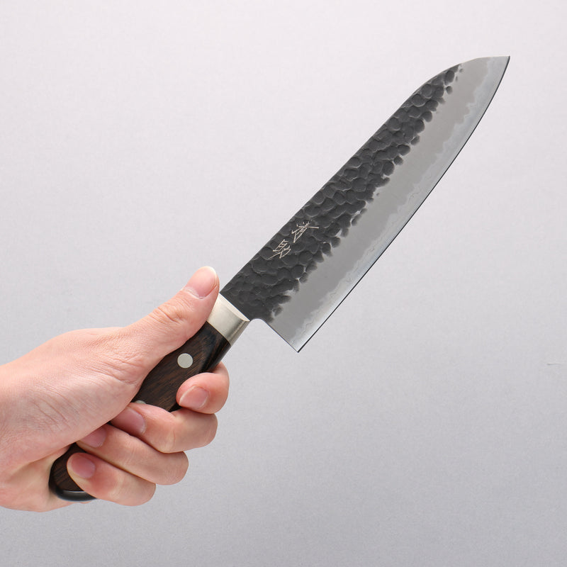 Seisuke Blue Super Hammered Black Finished Santoku 180mm Brown Pakka wood Handle - Japannywholesale