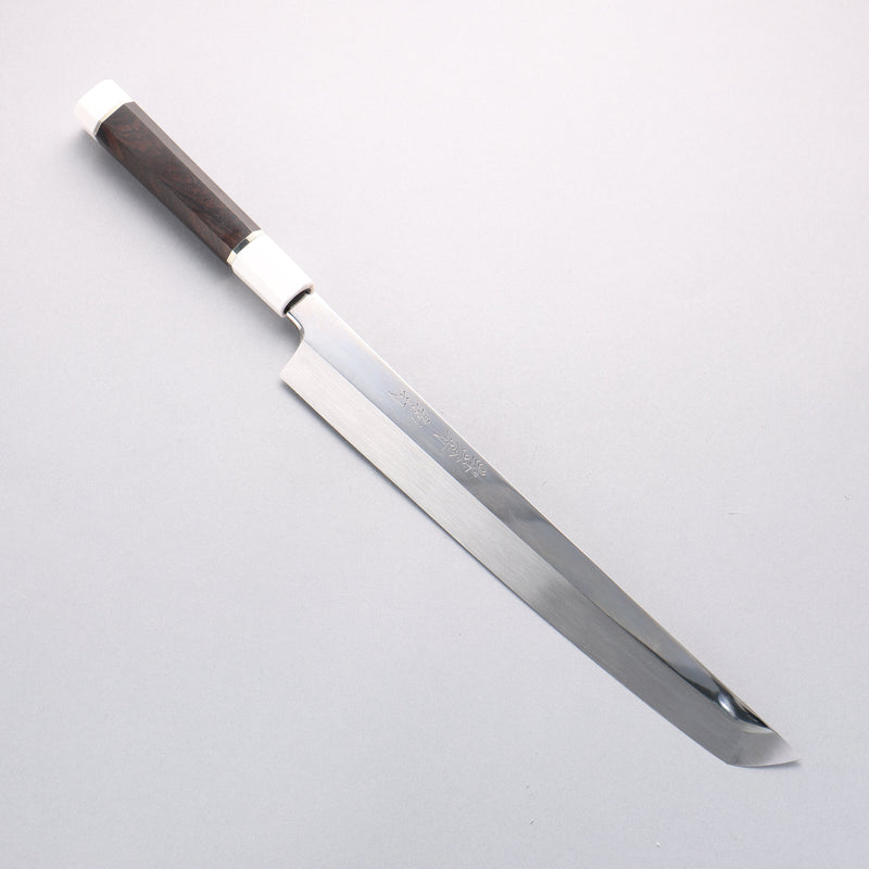 Sakai Takayuki Kageuchi Water Quenching Honyaki White Steel No.2 Mirrored Finish Sakimaru Yanagiba 300mm Ebony with Double Water Buffalo Ring Handle with Sheath - Japannywholesale