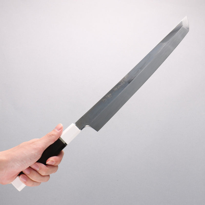 Sakai Takayuki Kageuchi Water Quenching Honyaki White Steel No.2 Mirrored Finish Sakimaru Yanagiba 300mm Ebony with Double Water Buffalo Ring Handle with Sheath - Japannywholesale