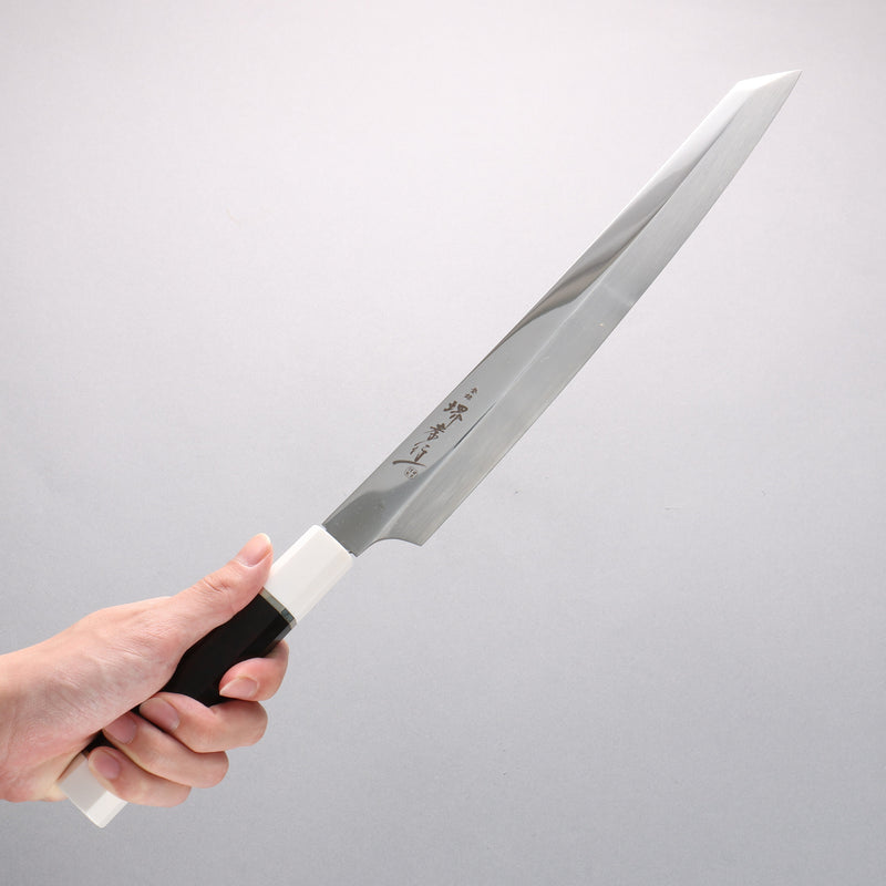 Sakai Takayuki Ginryu Honyaki Swedish Steel Mirrored Finish Kengata Yanagiba 300mm Ebony Wood Handle with Sheath - Japannywholesale