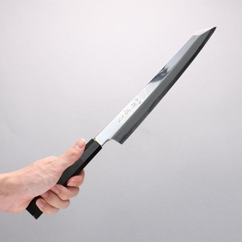 Sakai Takayuki Hien Blue Steel No.2 Mirrored Finish Kengata Yanagiba 270mm Ebony Wood Handle with Sheath - Japannywholesale
