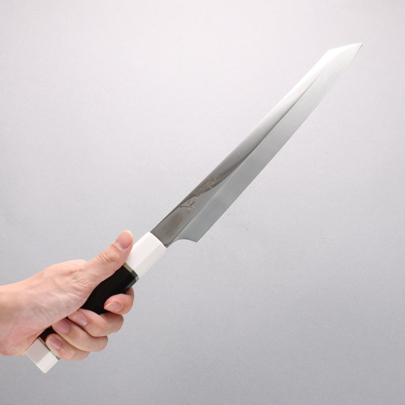 Sakai Takayuki Ginryu Honyaki Swedish Steel Mirrored Finish Kengata Yanagiba 270mm Ebony Wood Handle with Sheath - Japannywholesale