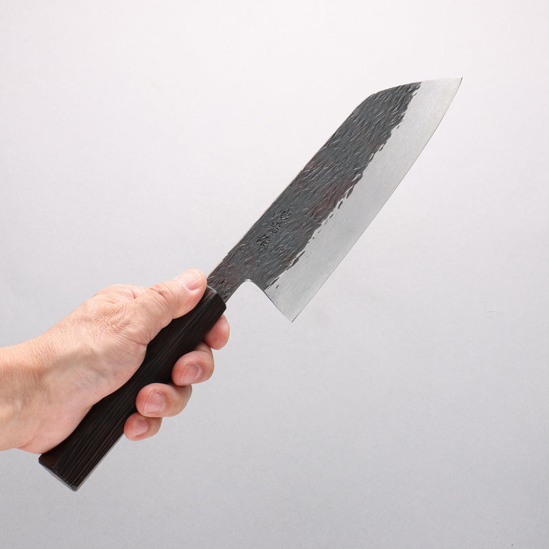 Isamitsu Abe Blue Super Hammered Black Finished Santoku 180mm Rosewood (pentagonal) Handle - Japannywholesale