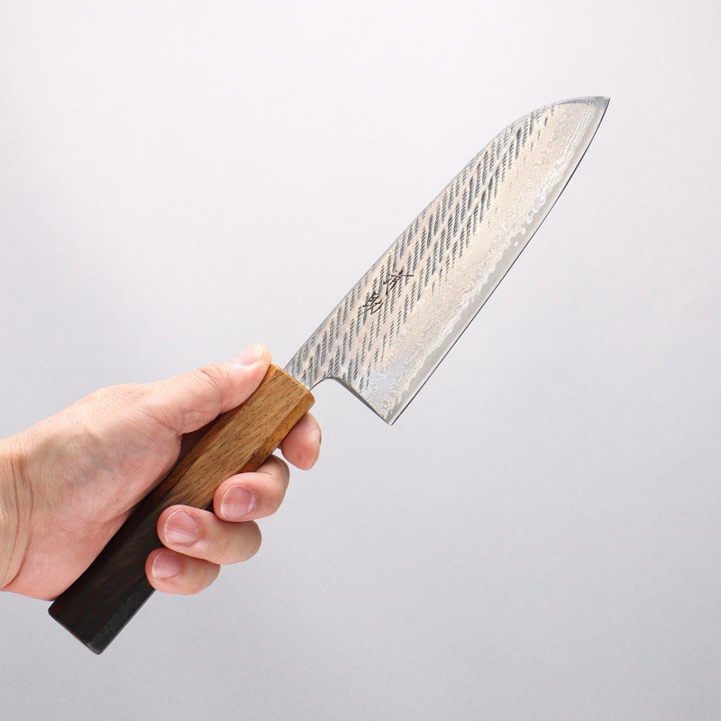 Seisuke AUS10 Hammered Damascus Rope Pattern Santoku 170mm Burnt Oak Handle - Japannywholesale
