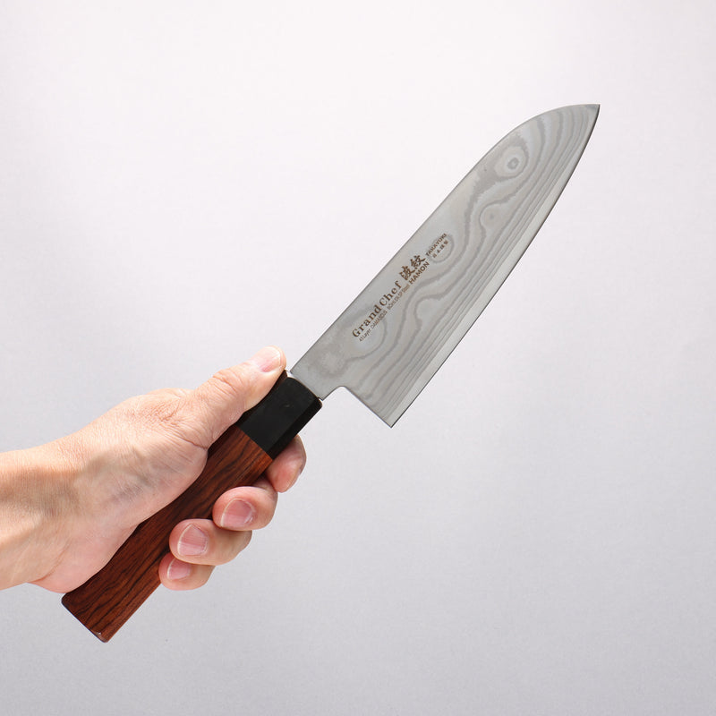 Sakai Takayuki Grand Chef Hamon Böhler SP Steel 45 Layer Damascus Santoku 170mm Rosewood (Ferrule: Black Pakka Wood) Handle - Japannywholesale