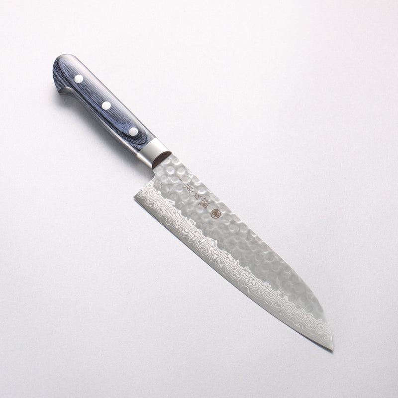 Higuchi VG10 Hammered Damascus Santoku 180mm Blue Pakka wood Handle - Japannywholesale