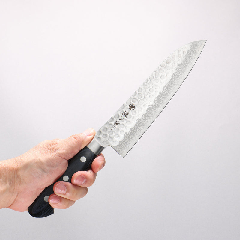 Higuchi VG10 Hammered Damascus Santoku 180mm Blue Pakka wood Handle - Japannywholesale