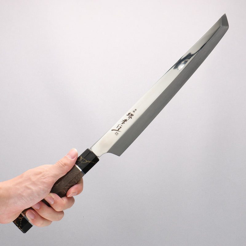 Sakai Takayuki Ginryu Honyaki Swedish Steel Mirrored Finish Sakimaru Yanagiba 300mm Stabilized wood Handle with Sheath - Japannywholesale