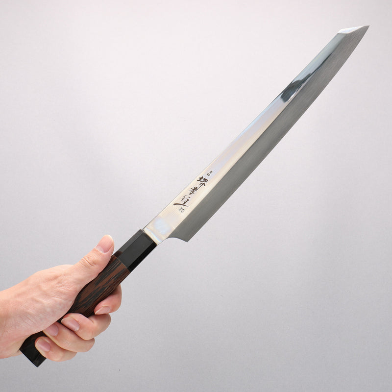 Sakai Takayuki Ginryu Honyaki Swedish Steel Mirrored Finish Kengata Yanagiba 300mm Wenge with Double Water Buffalo Ring Handle with Sheath - Japannywholesale