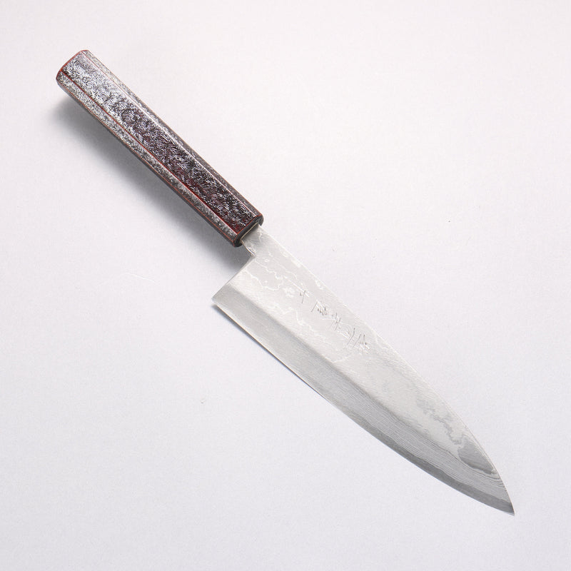 Hideo Kitaoka White Steel No.2 Damascus Mioroshi Deba Japanese Knife 195mm Oak with Black Silver Lacquer Handle