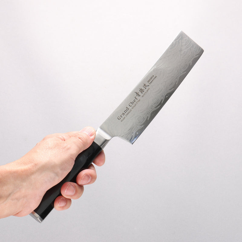 Sakai Takayuki Seigaiha (Blue Ocean Wave) Böhler SP Steel 45 Layer Damascus Migaki Finished Nakiri 160mm Black Pakka wood Handle - Japannywholesale