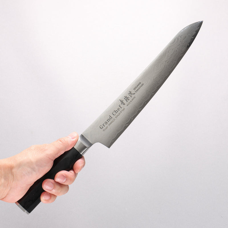 Sakai Takayuki Seigaiha (Blue Ocean Wave) Böhler SP Steel 45 Layer Damascus Migaki Finished Sujihiki 240mm Black Pakka wood Handle - Japannywholesale