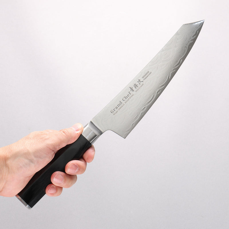 Sakai Takayuki Seigaiha (Blue Ocean Wave) Böhler SP Steel 45 Layer Damascus Migaki Finished Kengata Gyuto 190mm Black Pakka wood Handle - Japannywholesale