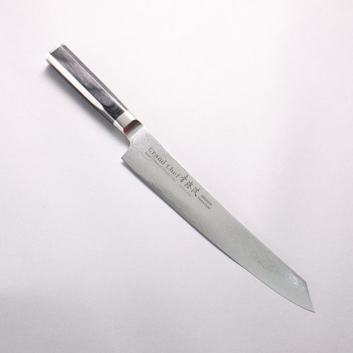 Sakai Takayuki Seigaiha (Blue Ocean Wave) Böhler SP Steel 45 Layer Damascus Migaki Finished Kengata Sujihiki 240mm Black Pakka wood Handle - Japannywholesale