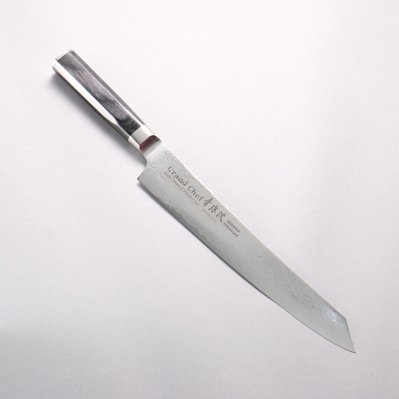 Sakai Takayuki Seigaiha (Blue Ocean Wave) Böhler SP Steel 45 Layer Damascus Migaki Finished Kengata Sujihiki 240mm Black Pakka wood Handle - Japannywholesale