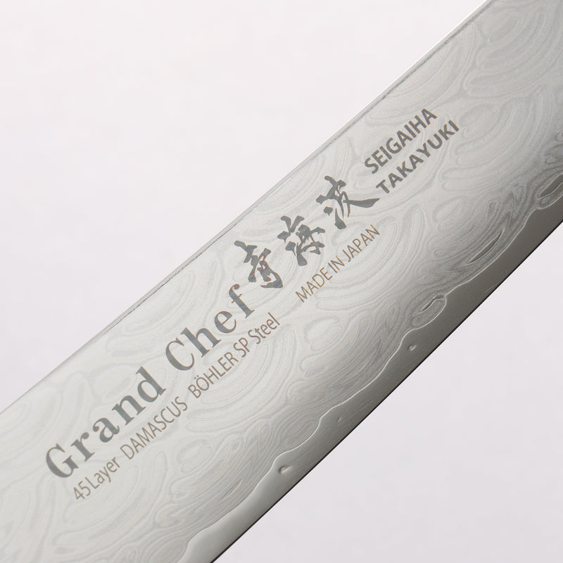 Sakai Takayuki Seigaiha (Blue Ocean Wave) Böhler SP Steel 45 Layer Damascus Migaki Finished Kengata Sujihiki 240mm Black Pakka wood Handle - Japannywholesale