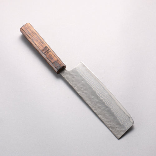 Seisuke Stainless Steel 440C Hammered Damascus Nakiri  165mm Oak Handle 