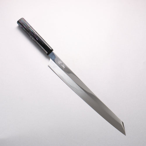 Sakai Takayuki Honyaki Hien VG10 Mirrored Finish Kengata Yanagiba 300mm Black Lacquered (with Mother of Pearl inlay) Handle with Sheath Tetris Pattern MOP inlay (テトリス調螺鈿)